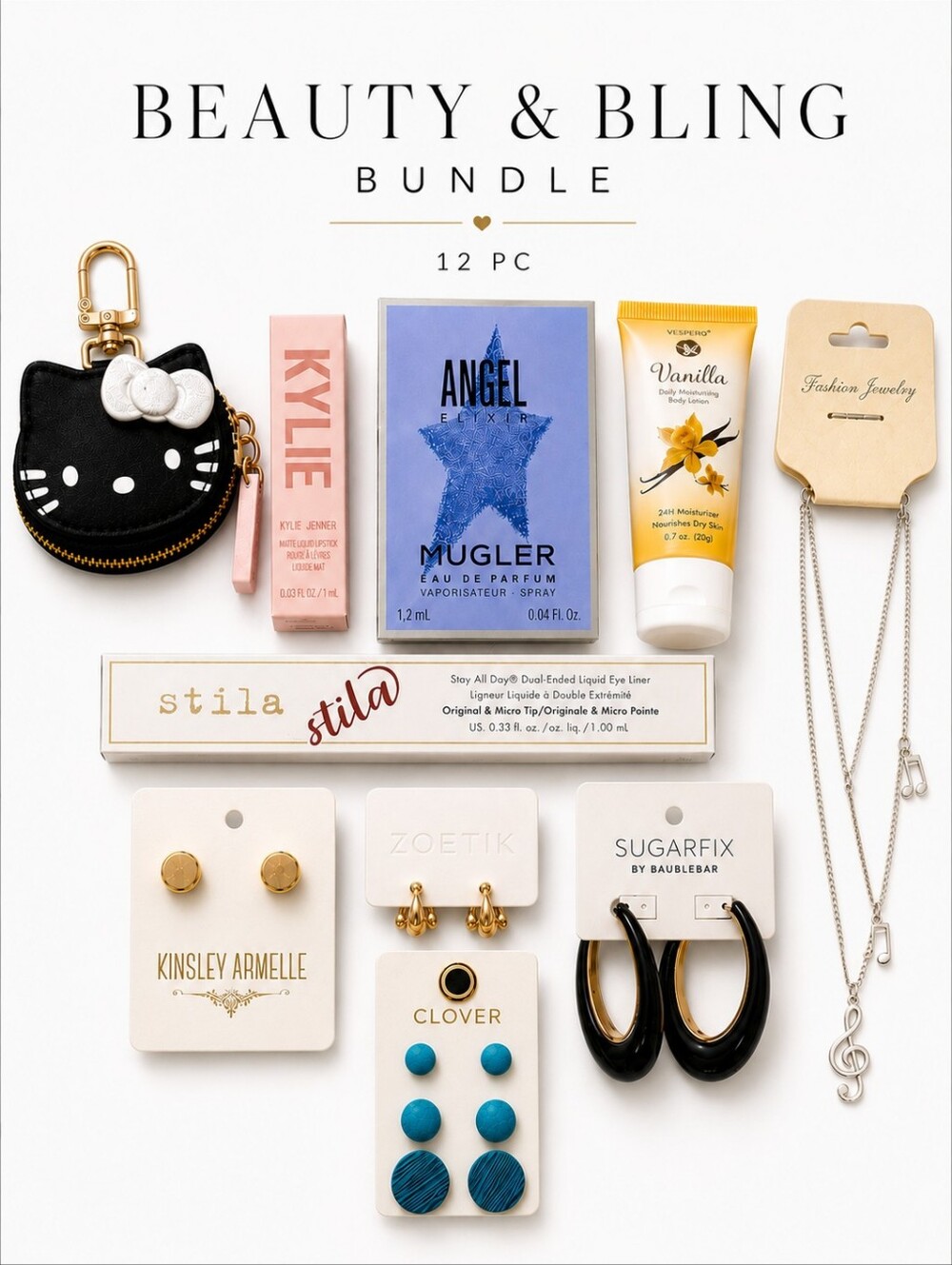 Beauty & Bling Bundle | 12 Pc | Stila | Kylie | Empty Mugler | Jewelry